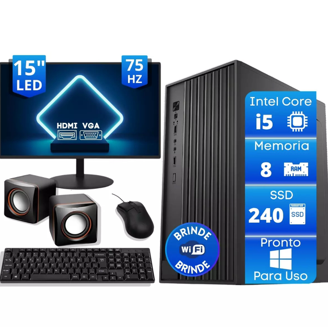 Computador Completo Intel Core i5 2ªG Memória 8GB SSD 240GB com Monitor Mouse Teclado Caixa de Som
