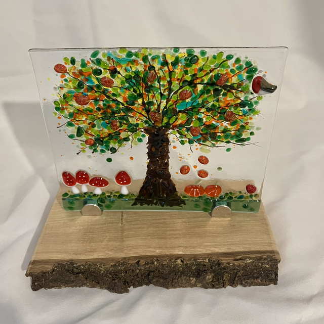 Autumnal Tree Scene Fused Glass Picture on Wooden Base