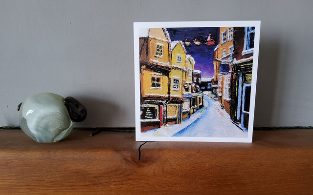 Father Christmas flying over The Shambles, York. 6x6" christmas card
