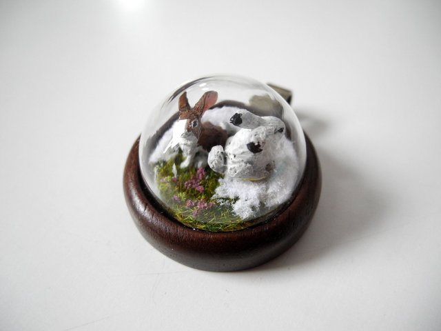 Mountain Hares - OOAK Biosphere Wood Jewelry - Clear glass globe with two delicate Mountain Hares inside– winter/spring inspired jewelry (1)
