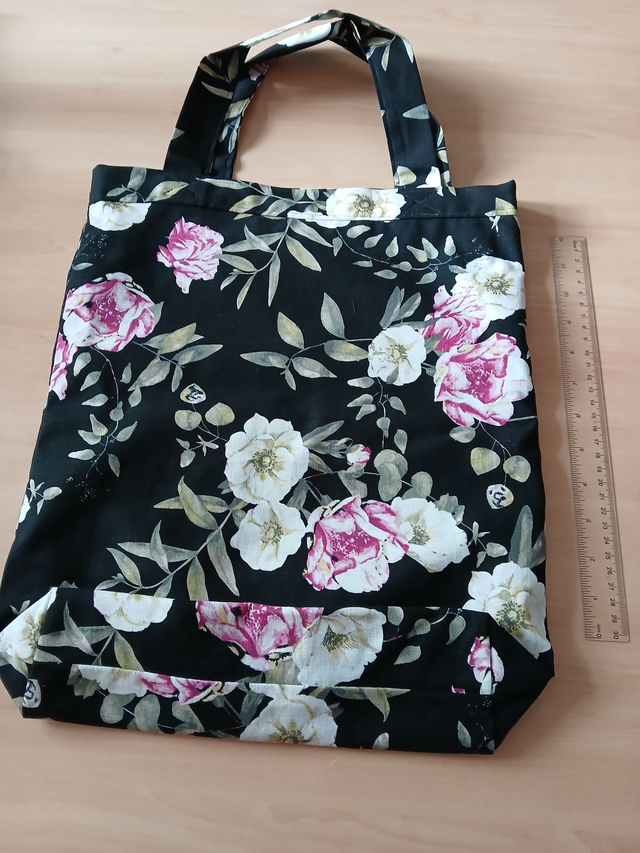 Fully lined Tote Bag Black Cotton Print fabric with roses