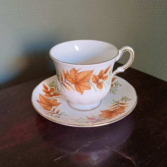 Queen Anne | Kop Patroon 8675 &#039;Herfstbladeren&#039; (diameter 7,5 | hoogte 7 cm) en Schotel (diameter 13,0 | hoogte 2,0 cm) Bone China  | Vintage