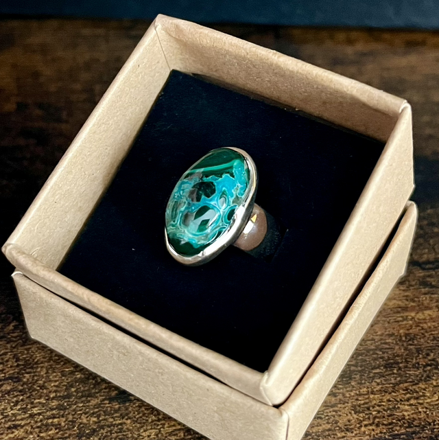 Bague en argent et Malachite à Chrysocolle - Taille 54