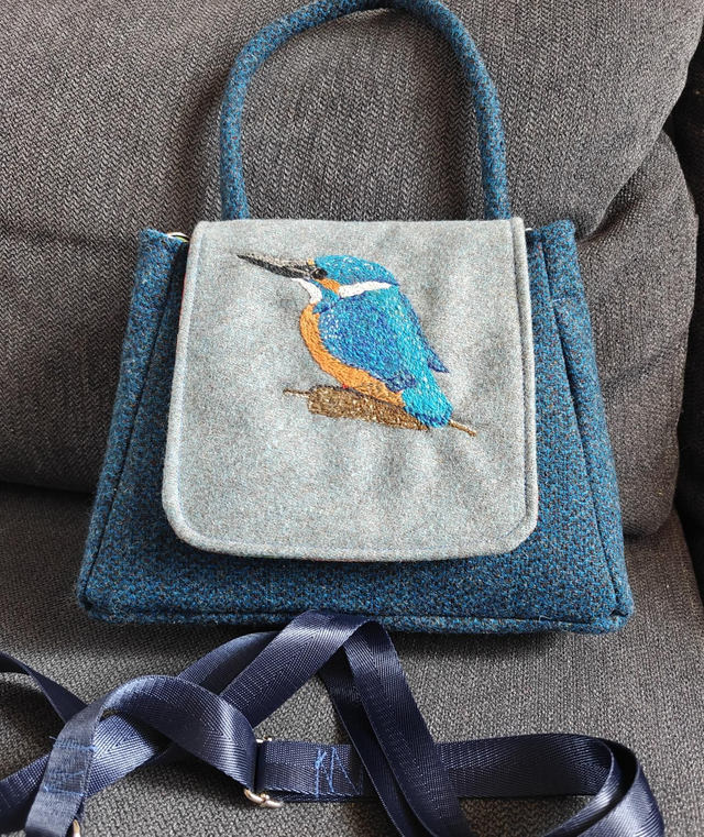 Hand embroidered Harris Tweed kingfisher bag
