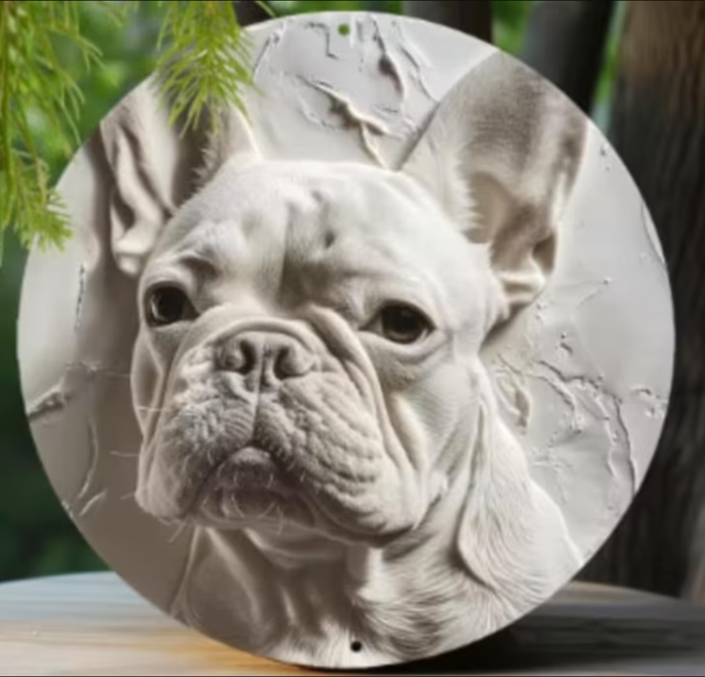 intage rond metalen bord Franse Bulldog wit (20cm)
