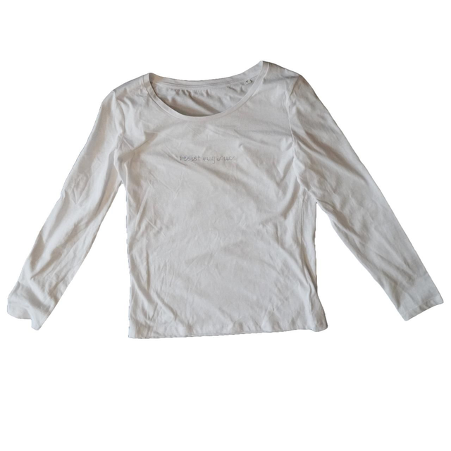 white longsleeve with holographic text "resist eugenics" size S