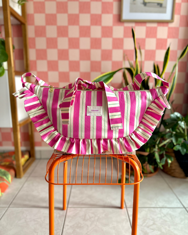 SAC CROISSANT Taille Moyenne et Large - Rayures Rose / Ecru / Vert sauge - Fait main à Reims (France)