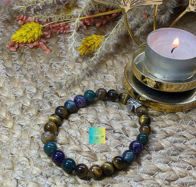 🐅🌿 Bracelet Améthyste-Oeil de tigre et Agate mousse