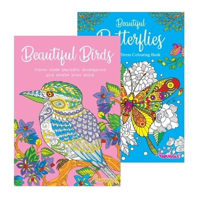 Squiggle Advanced Relaxing Colouring Book - Beautiful Butterflies or Beautiful Birds