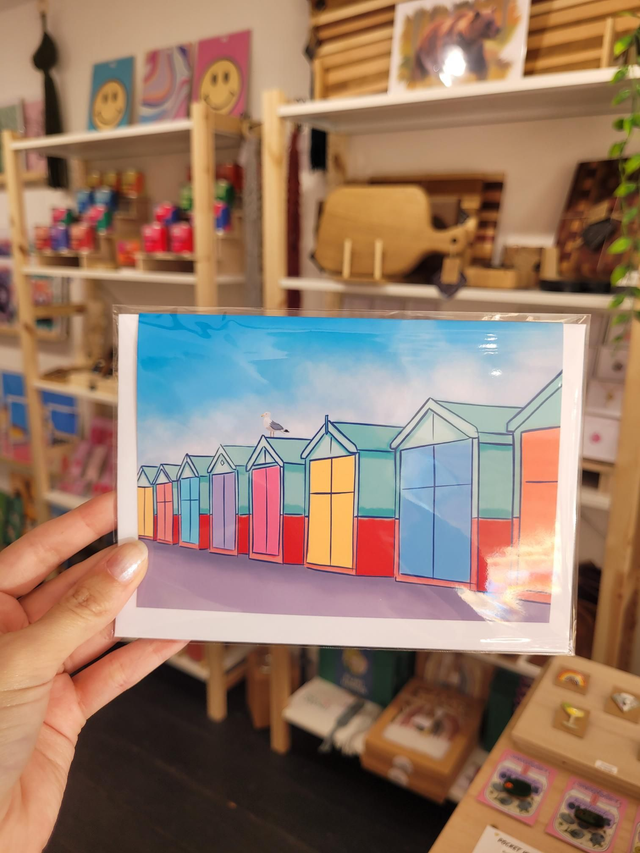 Beach Huts With Seagull Greetings Card - NW-029