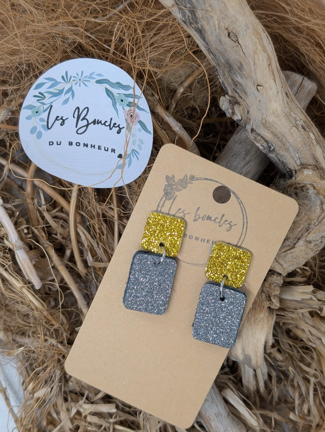 Boucles d'oreilles Anti Gaspi  paillettes gris jaune ag028