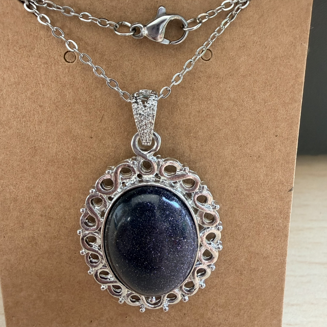 20” Stainless Steel chain Blue Sandstone necklace 