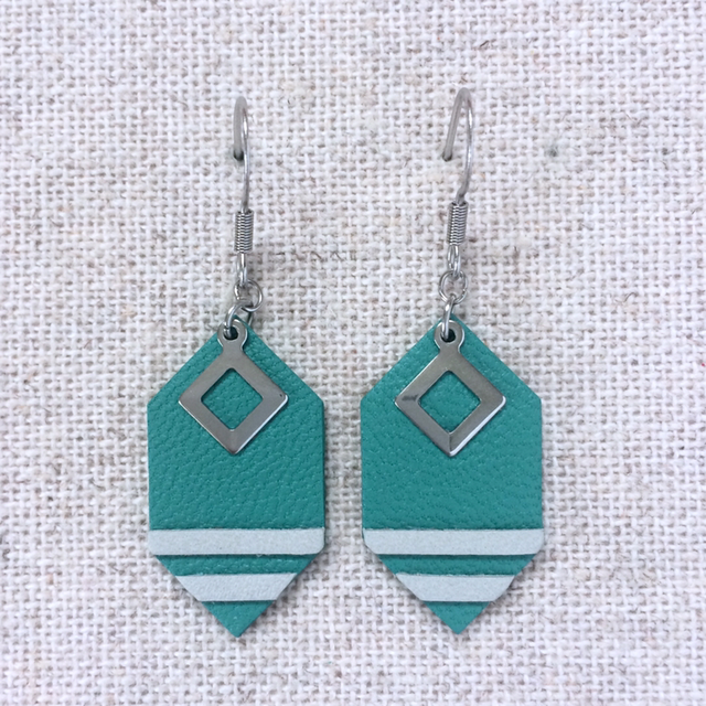 Boucles d’oreilles « Duolet » argentées, cuir vert Tiffany