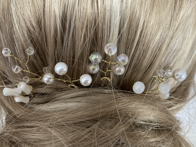 Flower Gold & Cream Jewelled Beaded Hair Pins Set of 6 Hand-wired