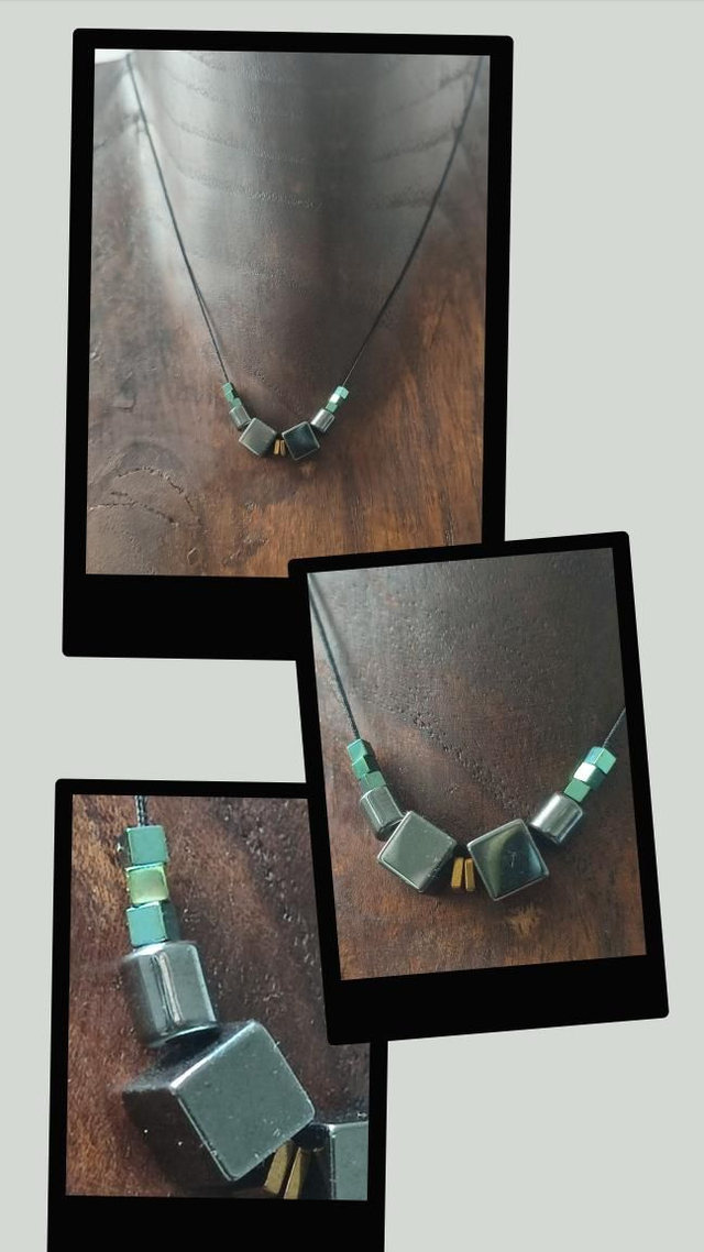 Collier&quot; carrés&quot;en hématite doré noir et turquoise : pierres naturelles , monté sur fil de jade réglable, pièce unique 