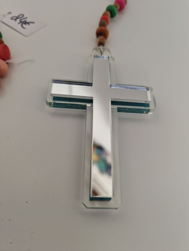 Collier Chapelet Bois Multicolore Croix Miroir