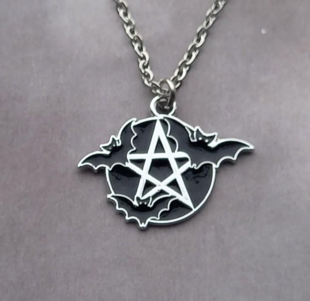 Black Pentagram and Bats Necklace