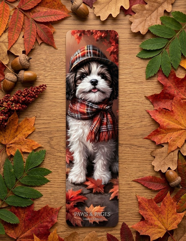 Marque-page "Chiot d'Automne" en papier cartonné – Accessoire de lecture cosy
