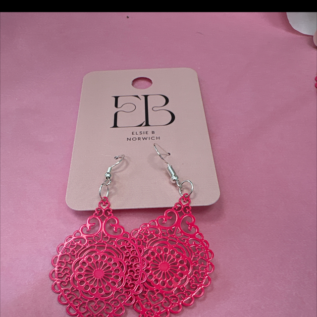 Hot pink metal lace drop earrings silver hooks