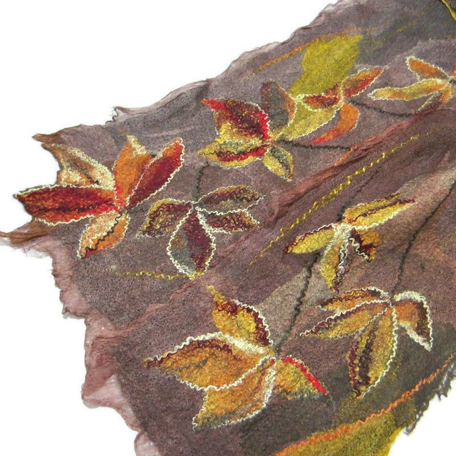 Sciarpa feltro lana merino seta Sciarpa artistica Caldo lunga oro marrone Infeltrimento fatto a mano