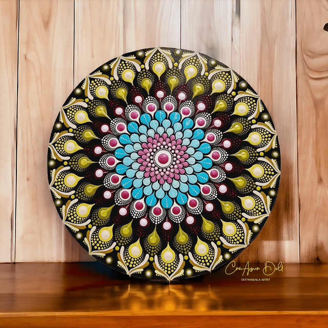 Tableau Mandala mural 30 cm – Turquoise, vert &amp; prune – Peint à la main