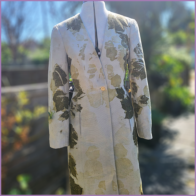 Duck Egg Blue, linen coat, size 10, eco printed with sycamore and nasturtium leaves