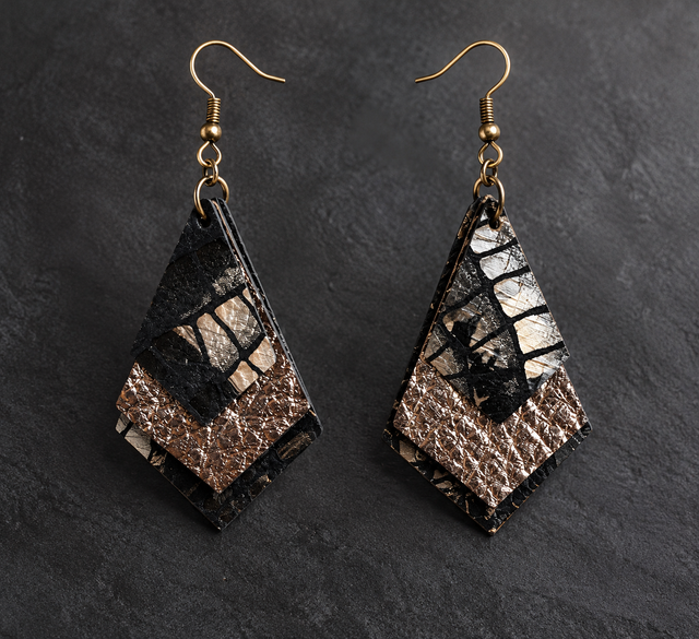 Éclat Cuivré – Boucles d’oreilles en cuir noir et bronze aux formes géométriques
