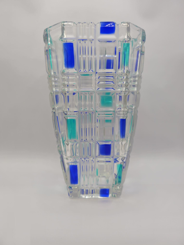 Vase en verre décor vert et bleu
