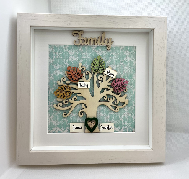 Wooden Family tree with colourful wooden leaves. Personalised. 