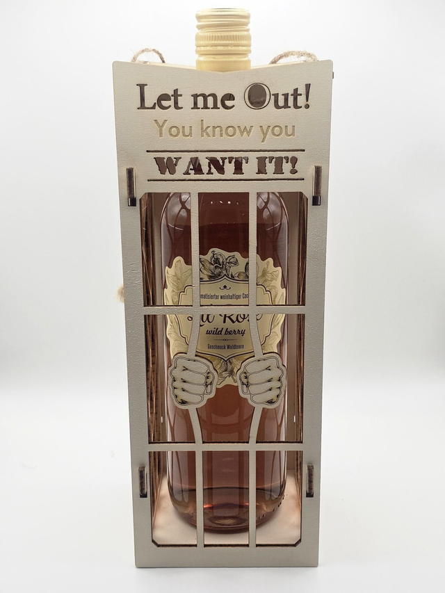 Originelle Geschenkbox „,Let me Out!" aus Holz - ohne Flasche