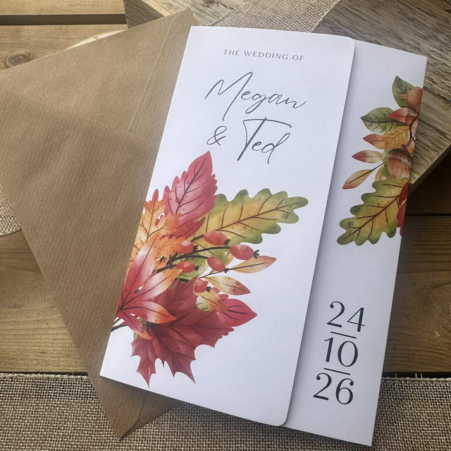 Autumn Leaves Gatefold Wedding Invitations – Personalised, Includes RSVP QR Code and Envelopes