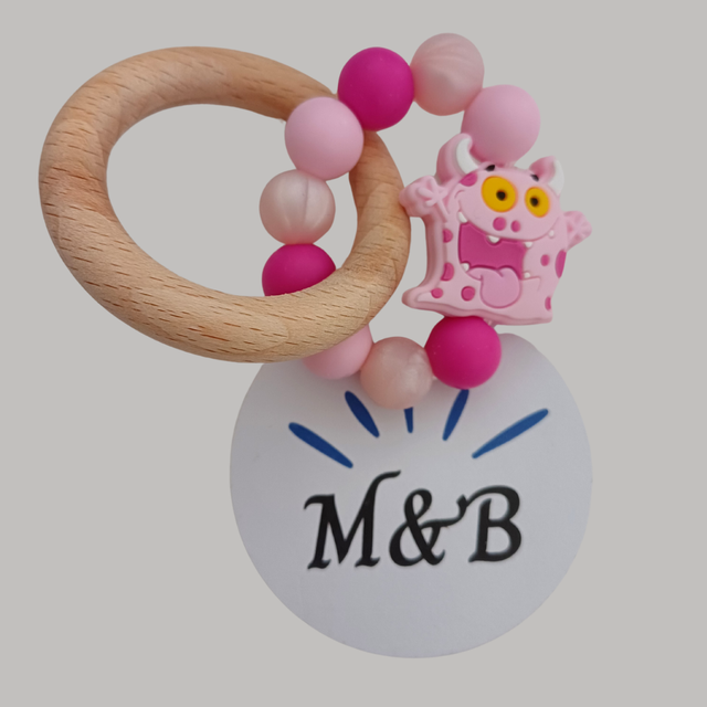 🔸 Anneau de dentition bois &amp; silicone – Monstre rose 👹
