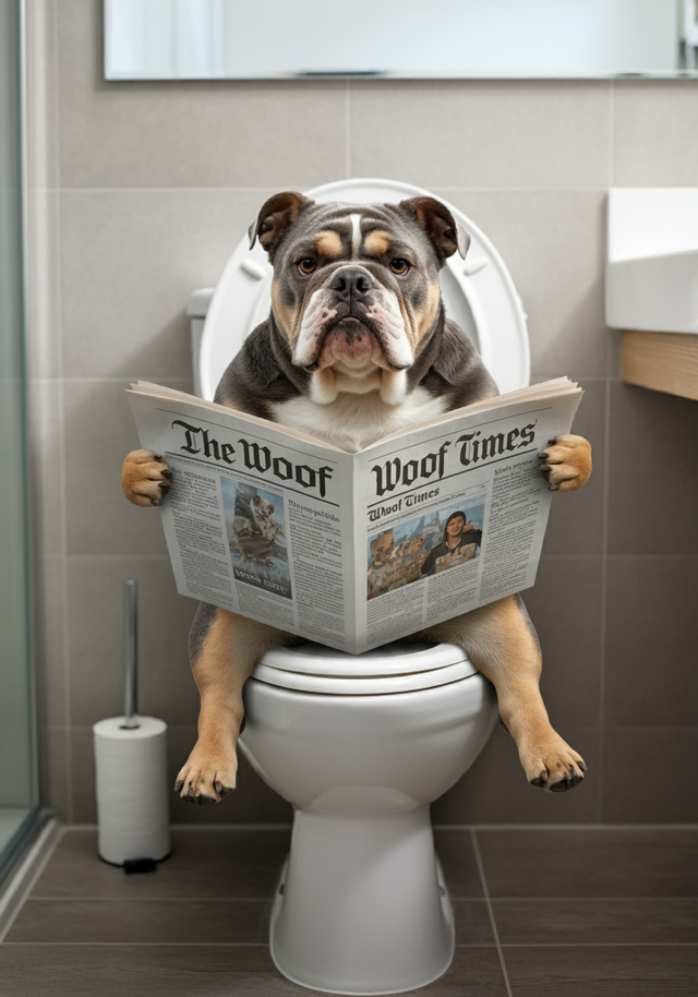 Bulldog on the Toilet Framed Canvas