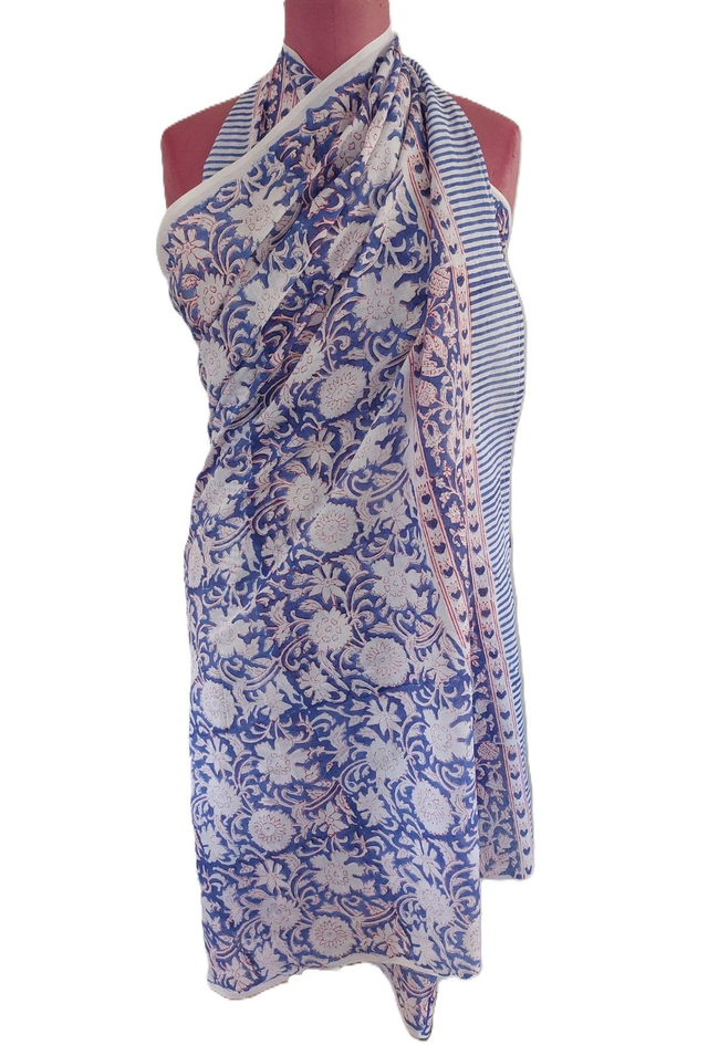 Paréo de plage en coton voile indien imprimé à la main – Motif floral bleu, blanc et rouge – Étole & châle bohème  