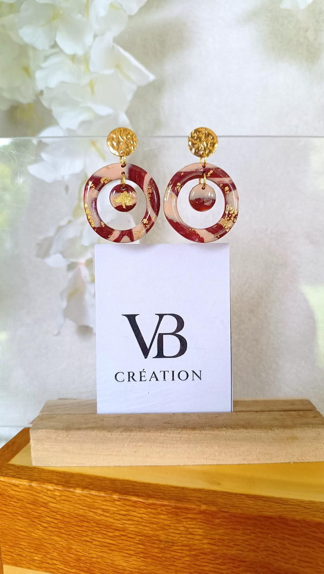 Double créoles bordeau-rose puce dorée 