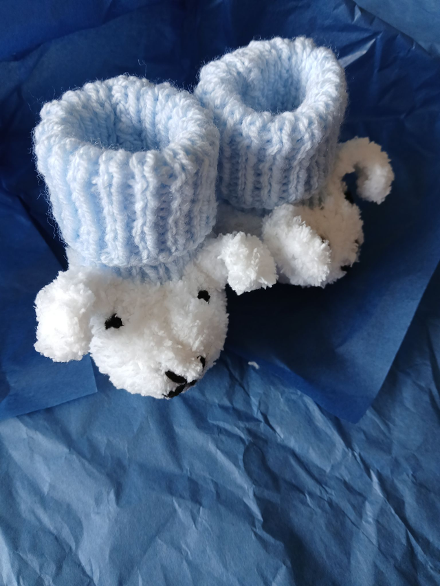 Hand Knitted &#039;Sheep&#039; Baby Booties with Blue Sock Tops