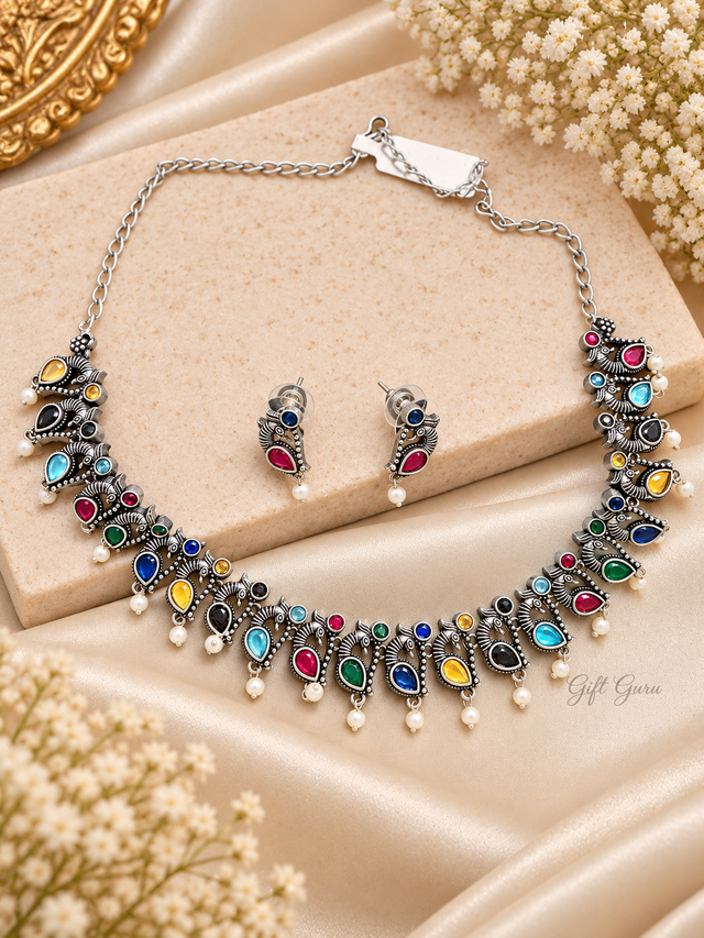 Traditional Colorful Stone Peacock Motif Oxidised Necklace 