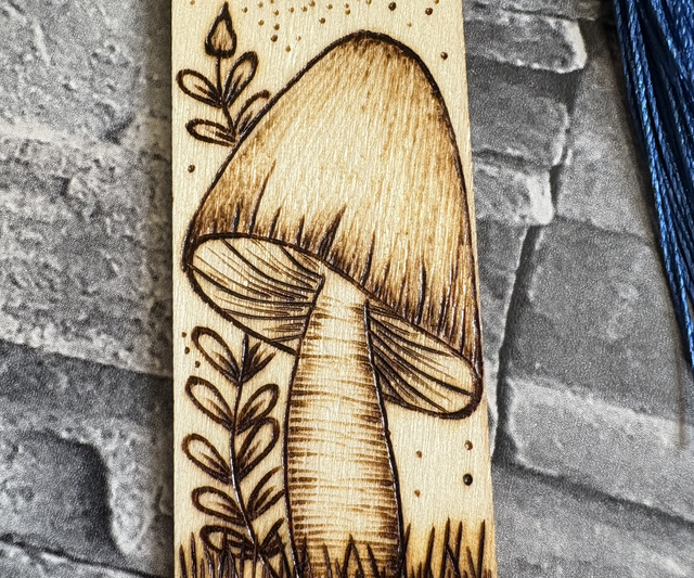 Mushroom and crescent moon. Handmade. Pyrography. Handburnt.