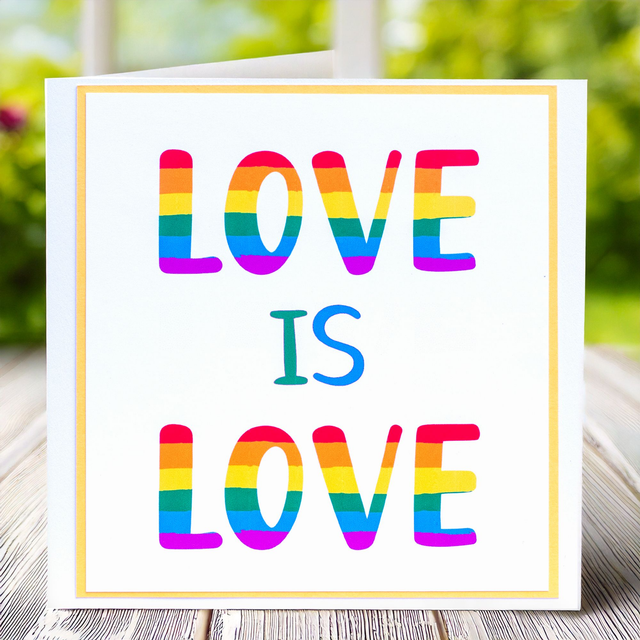 Greetings Card with Love is Love pride theme in vibrant rainbow tones. 