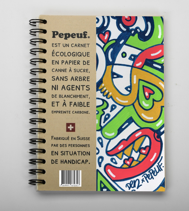 Carnet A6 de la marque Pepeuf portant une illustration faite par Den End