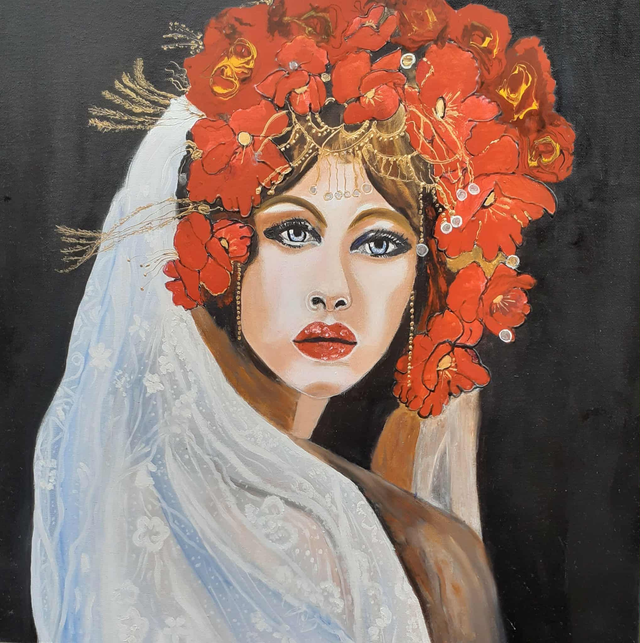 Tableau "La Mariée" huile sur toile et mix média