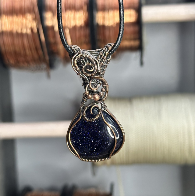 Blue goldstone pure copper wrapped pendant 