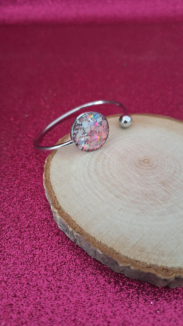 Jonc rond argenté paillettes argentées et roses holographiques 