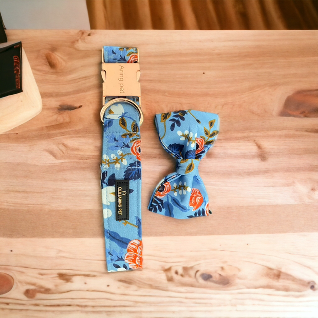 Blue Floral Big Dog Collar and Bow