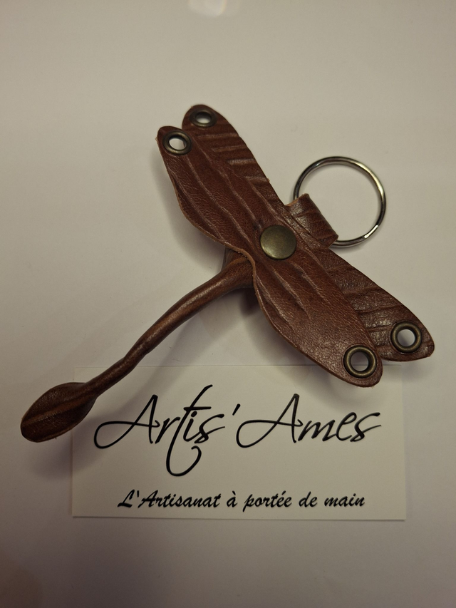 Porte clés cuir Lbellule ailes marron rayé uni