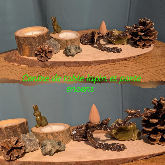 Centre de table, lapin en Jaspe et son porte encens en laiton