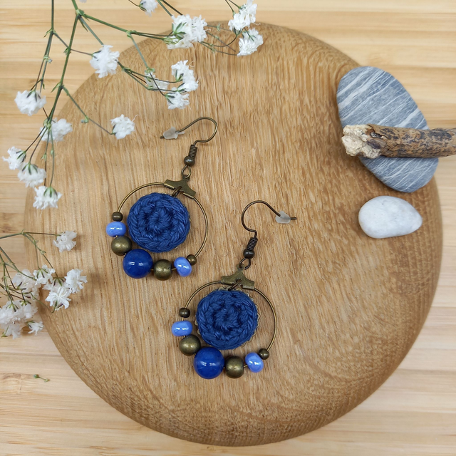 Parure bleu marine et bronze - Boucles d&#039;oreille type créoles