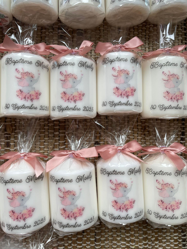 Bougie baptême naissance communion personnalisée éléphant fleurs