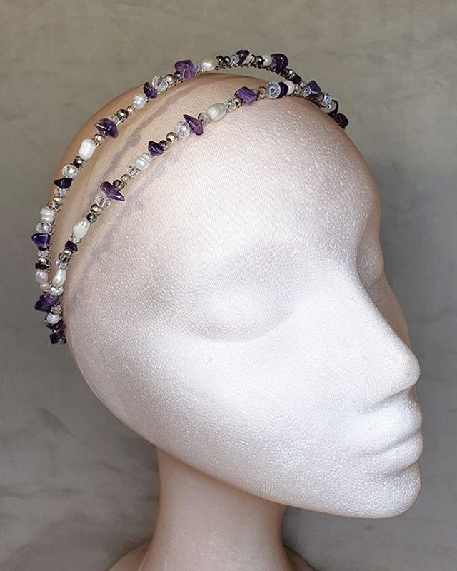 Diadema Violet doble tocado joya con amatistas, perlas de río y cristales 