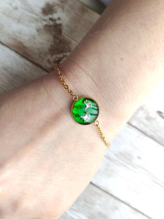 Bracelet acier inoxydable Vert émeraude et gingko